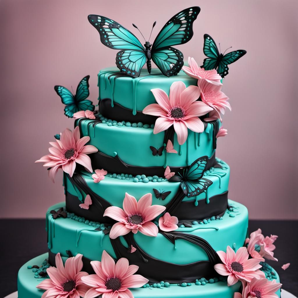 Beautiful Multi-Colored Wedding Cake with Flowers and Butter...