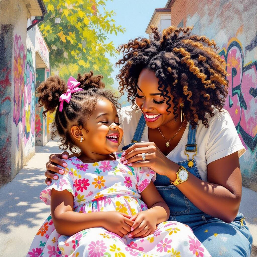 Black Girl's Hair Retwisted by Mother in Sunny Afternoon