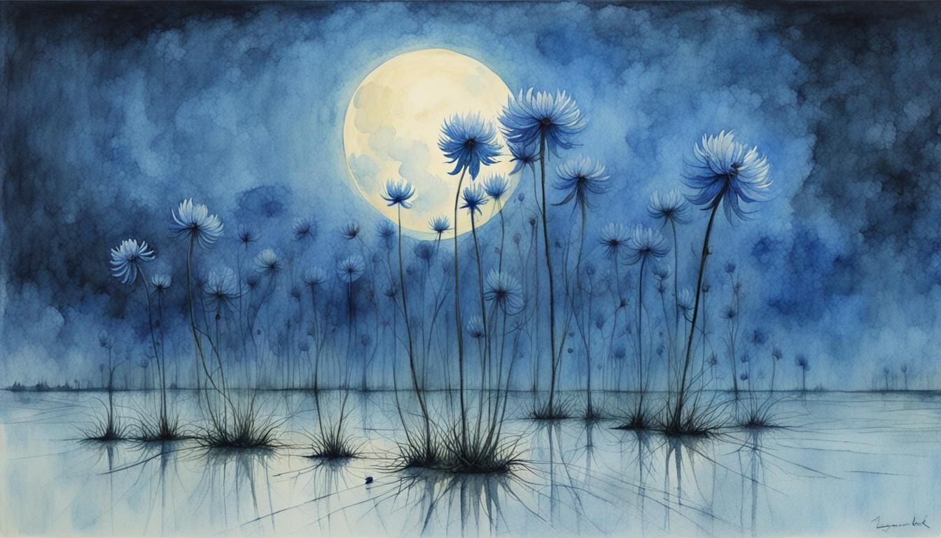 Surreal Chaos: Cornflower Watercolor in Beksiński Style