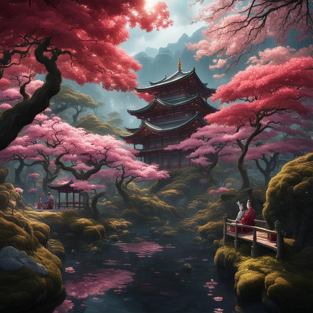 Japanese Queen in Cherry Blossom Forest