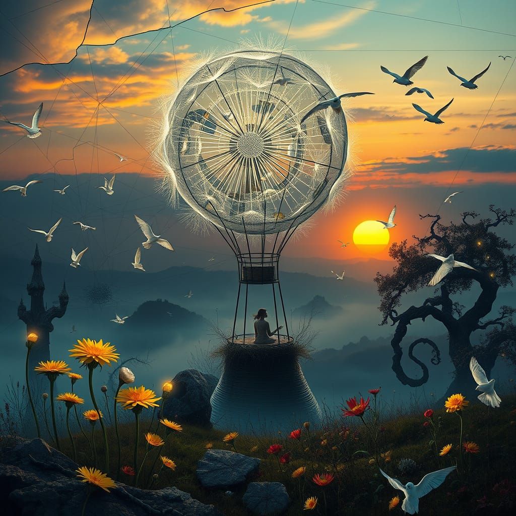 Ethereal Dandelion Hot Air Balloon at Sunset