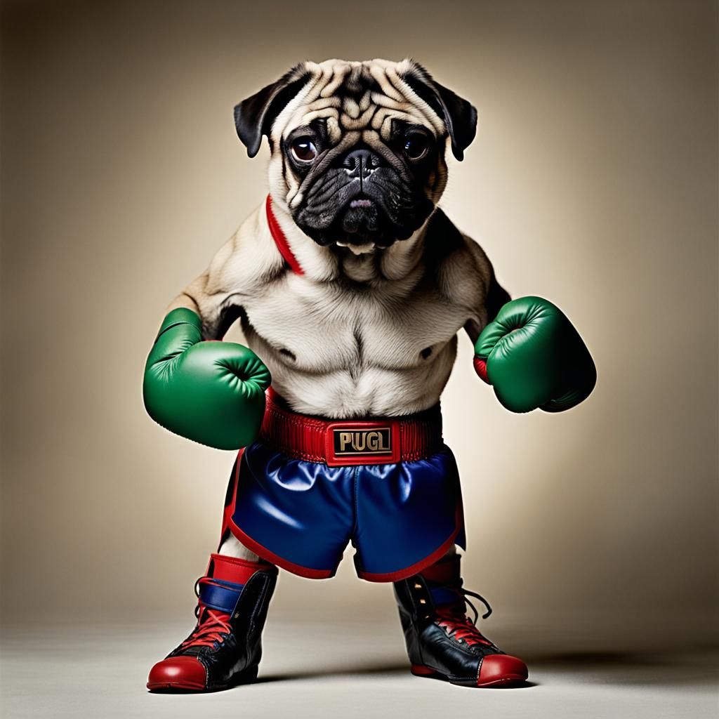 The Pugilist. A muscular male pug in boxing trunks, boots and gloves, standing up posed ready to fight.