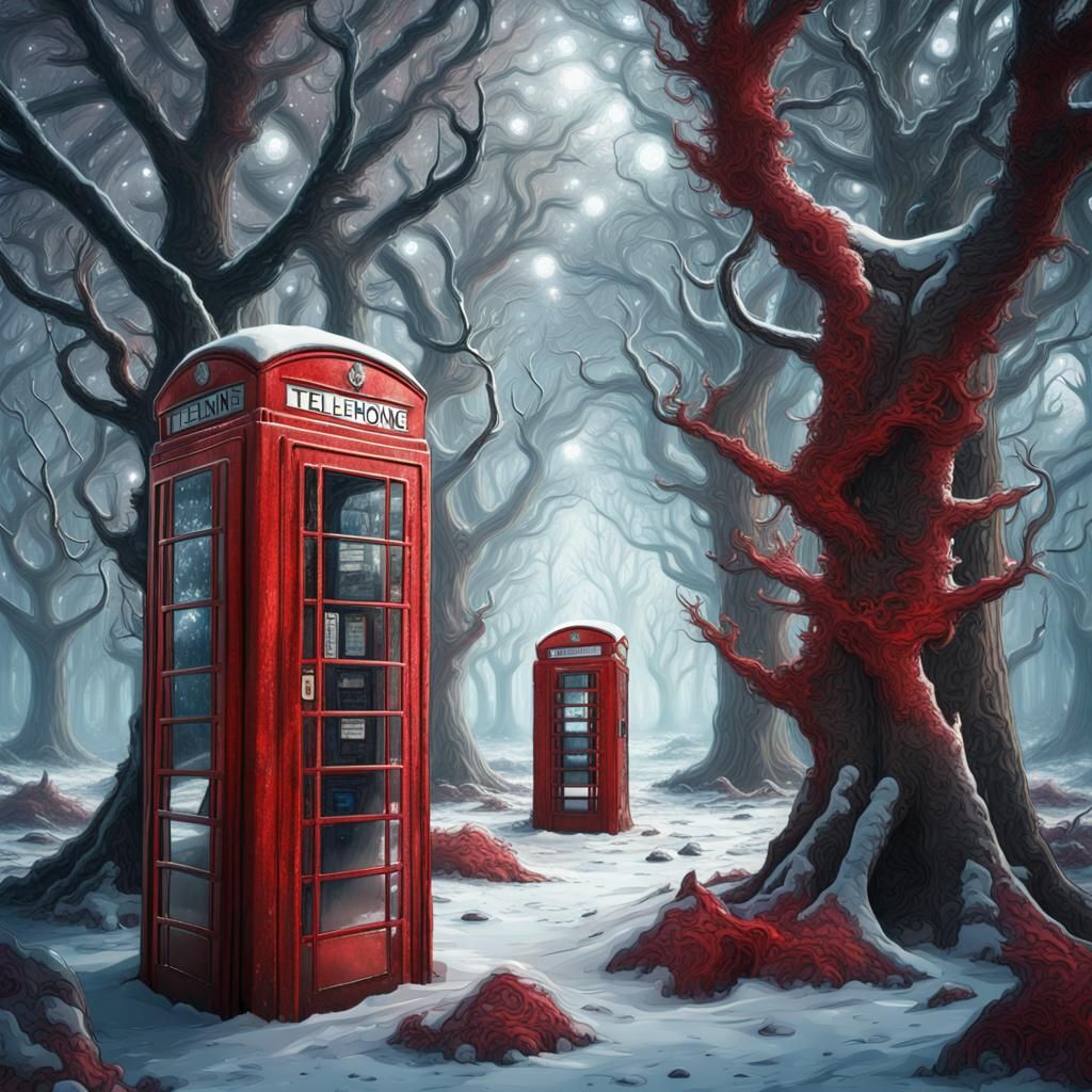 Surreal Red Telephone Box Trees in Winter Forest
