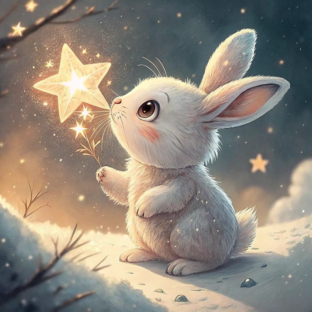 Cute Chibi Bunny Contemplates Starlit Winter Scene