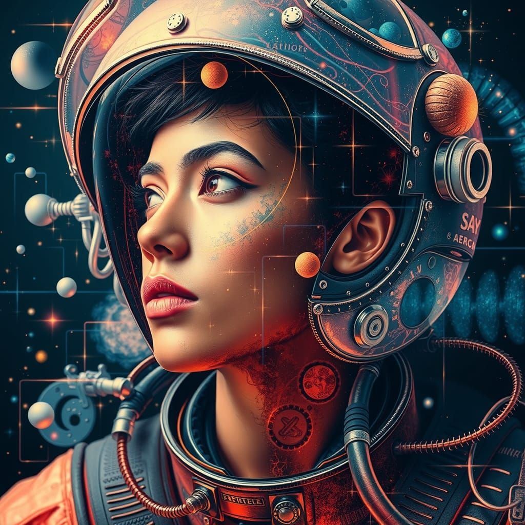 Dystopian Sapphic Astronaut Portrait in Cosmic Labyrinth