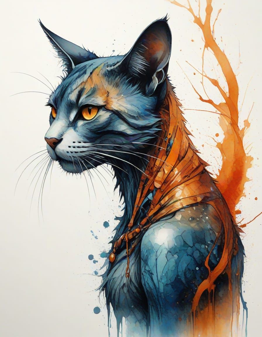 Abstract Watercolor Cat in Mystical Forest