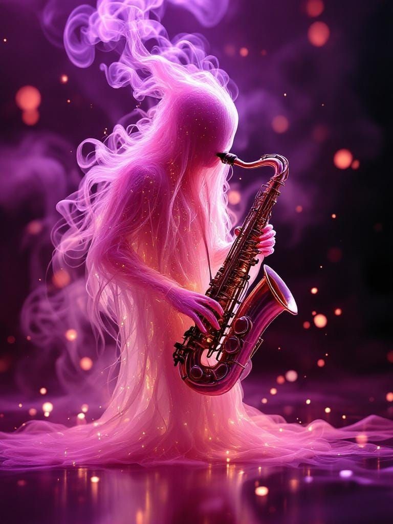 Ghostly Saxophonist in Sci-Fi Style with Ethereal Smoke