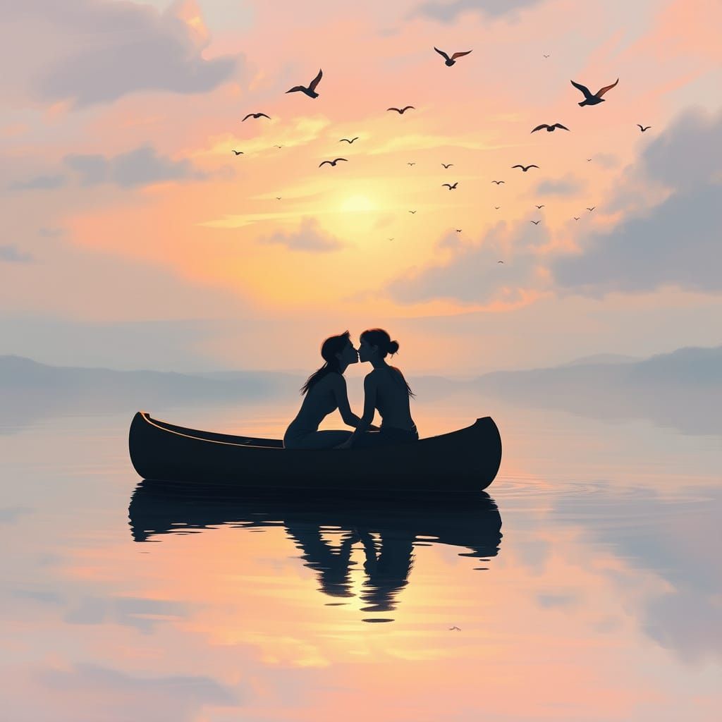 Lesbian Couple Kiss at Dawn: Impressionistic Lake Scene