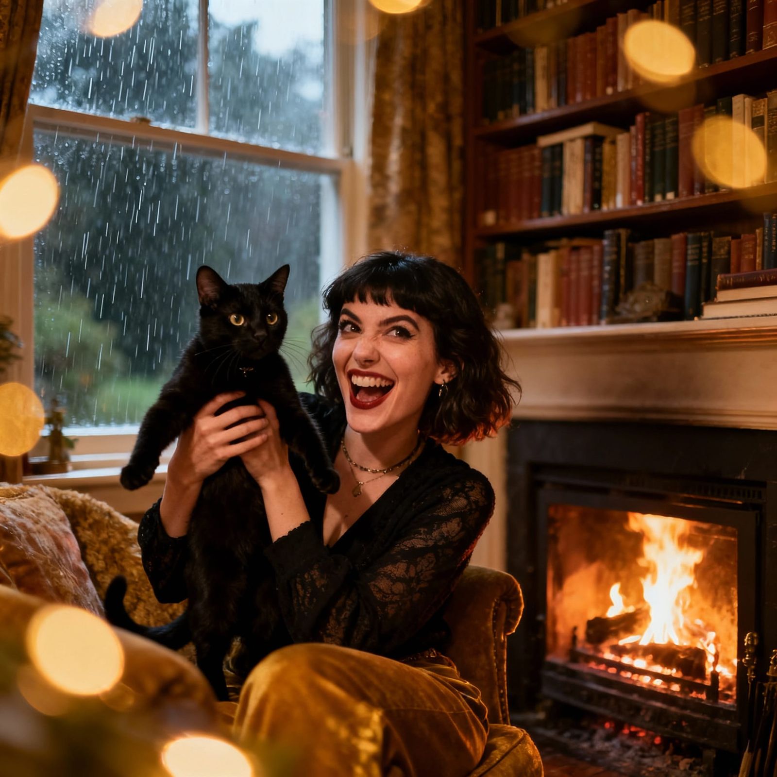 Woman Poses with Black Cat in Cozy Library