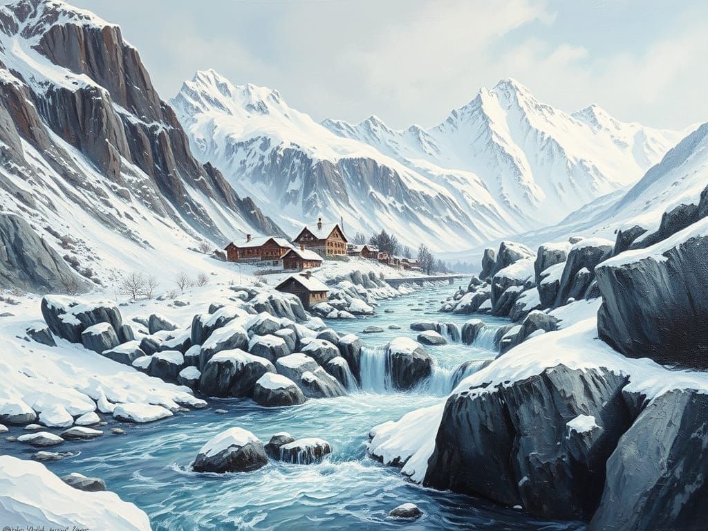 Snowy Mountain Village Landscape in Thick Acrylic Paint