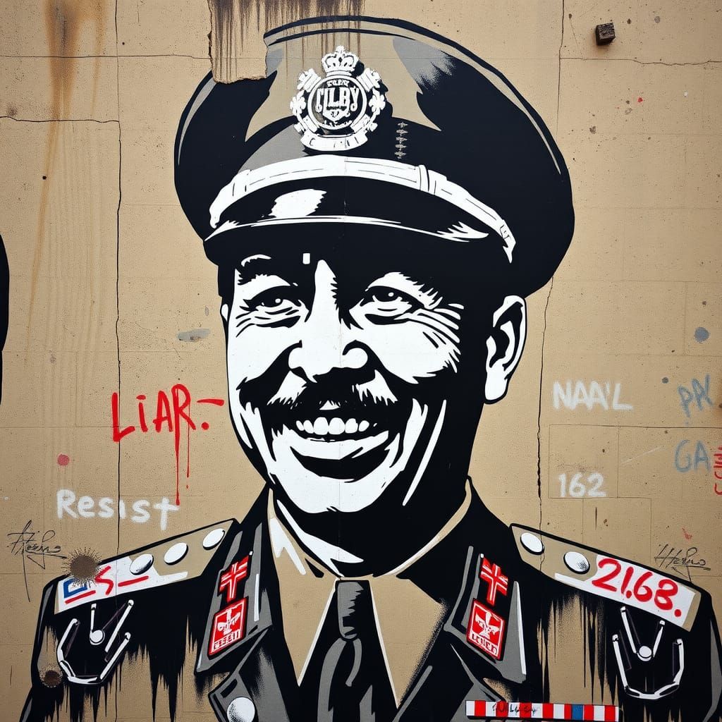 Encaustic Military Dictator with Graffiti in Street Art Styl...