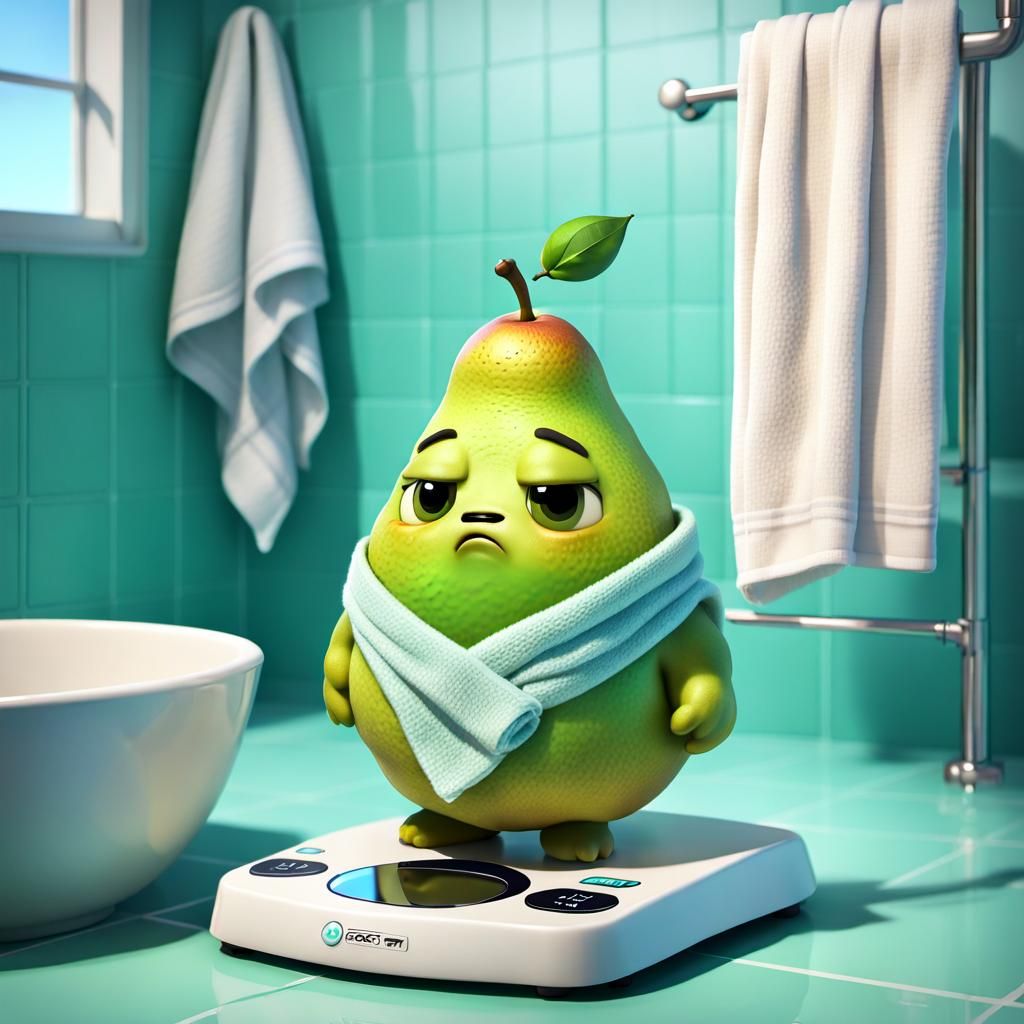 Sad Pear on Scales in 3D Digital Art