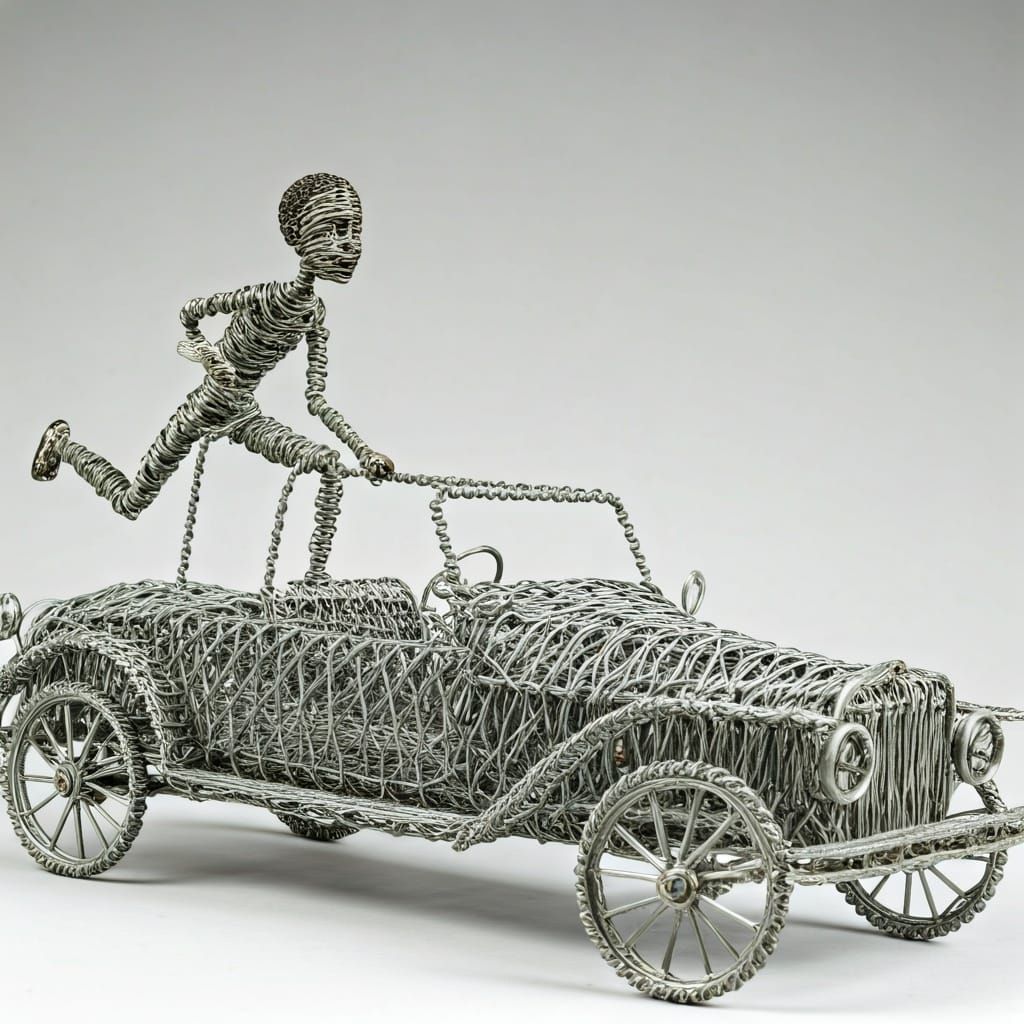 Wire Sculpture of a Toy Car Being Steered
