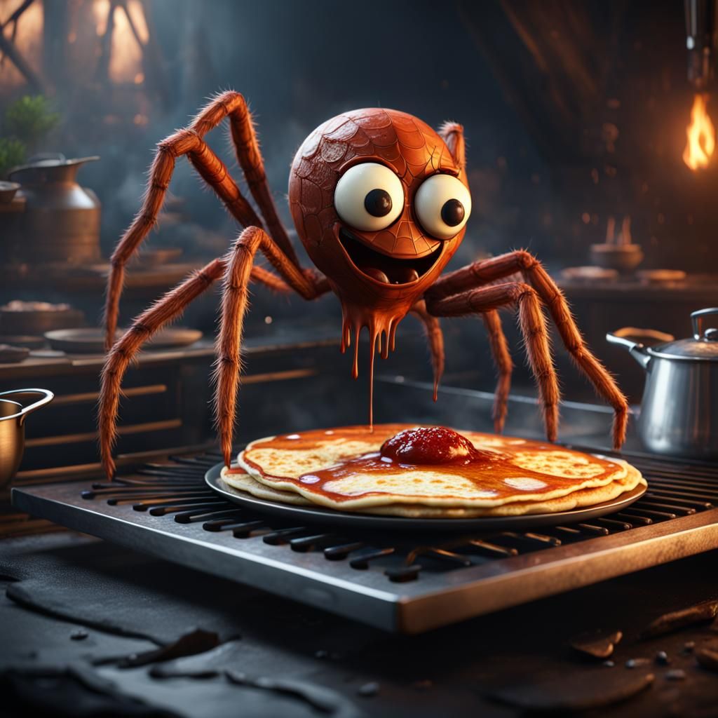 A griddle that has a face and is cooking up some spider pancake