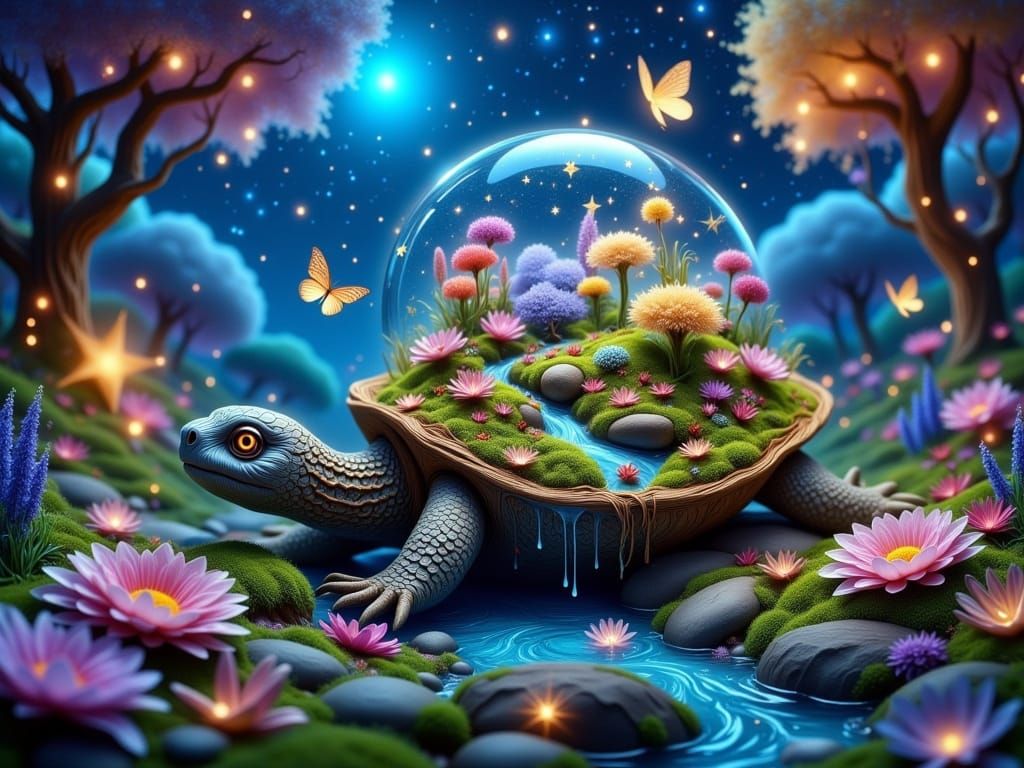 Fantasy Turtle in a Whimsical Forest Night Scene