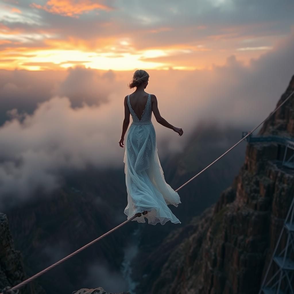 Woman on Tightrope at Sunset, Hyperrealistic Textures