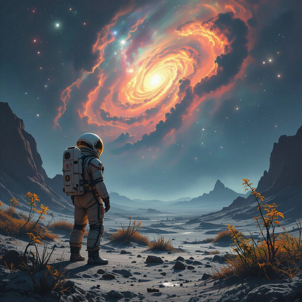 Astronaut Gazing at Nebula on Alien Planet