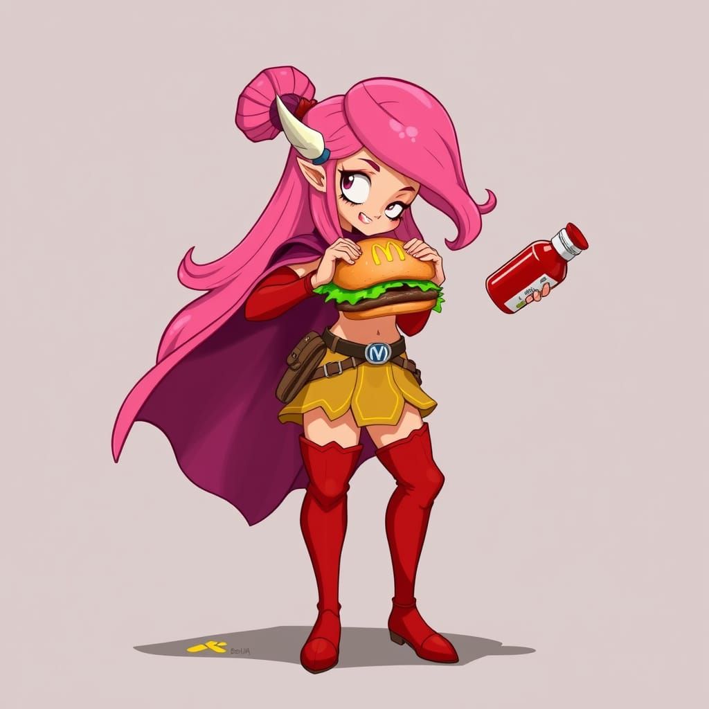 Stylized Warrior Princess Eats a Cheeseburger