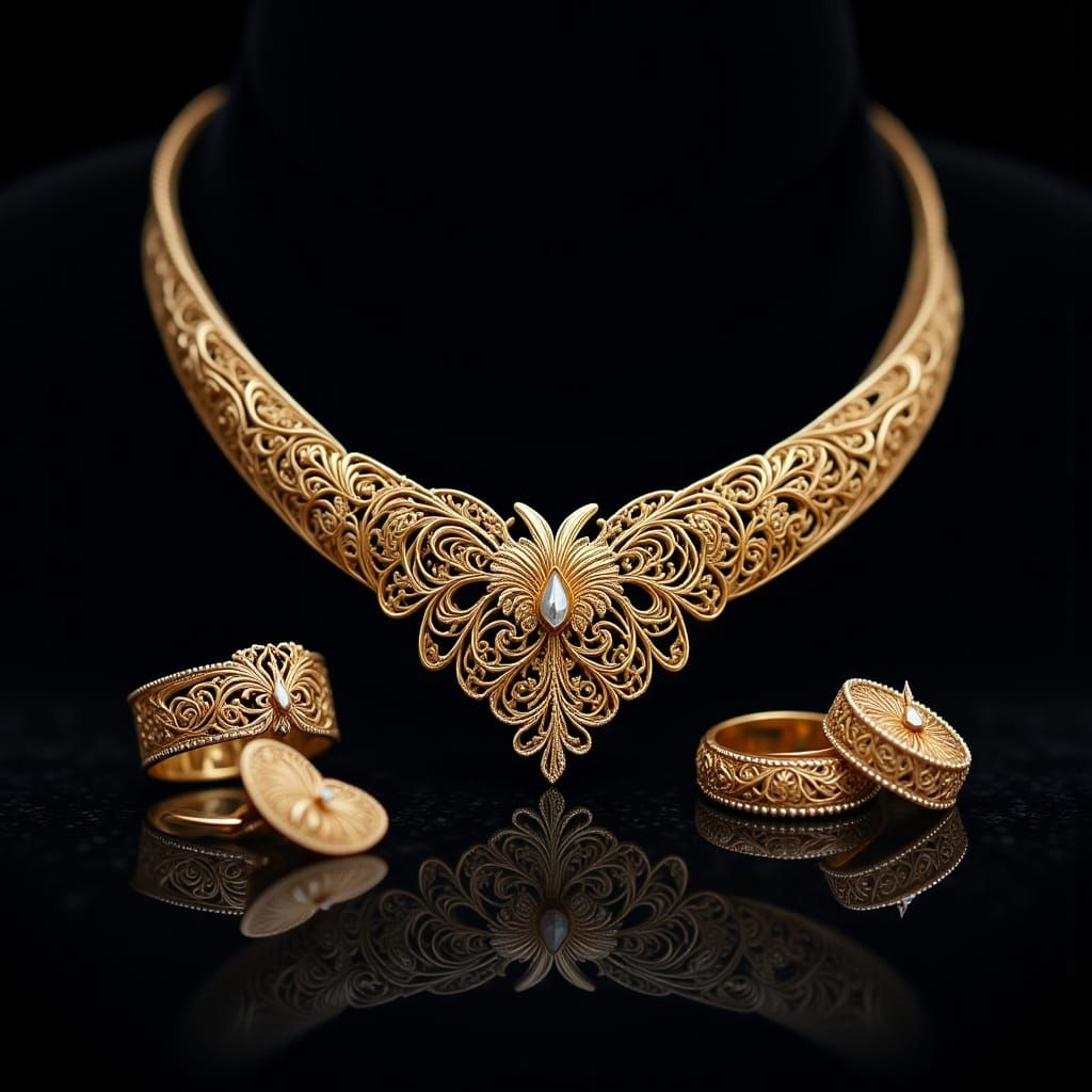 Delicate Golden Filigree Jewelry Set in Hyperrealistic Style
