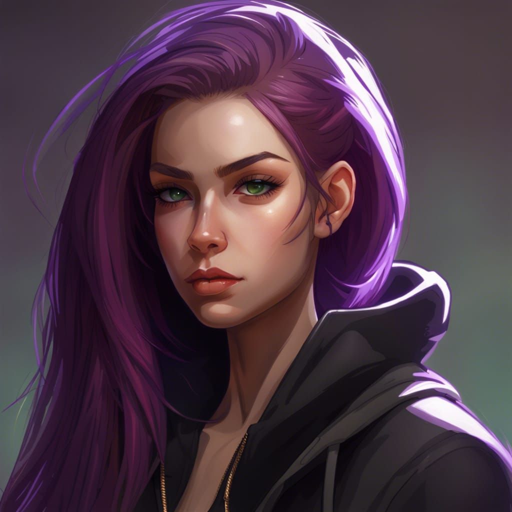 Tomgirl Portrait with Purple Hair in Digital Art Style