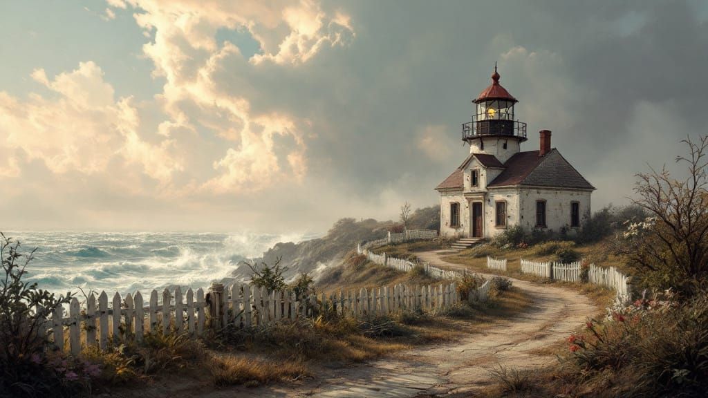 Weathered Lighthouse Amidst Rough Seas