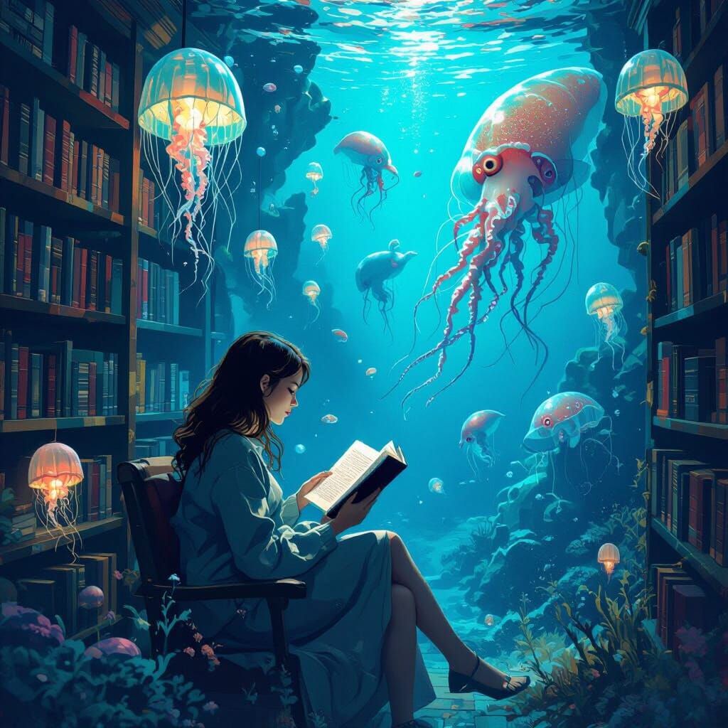 Underwater Library with Woman and Giant Sea Creatures