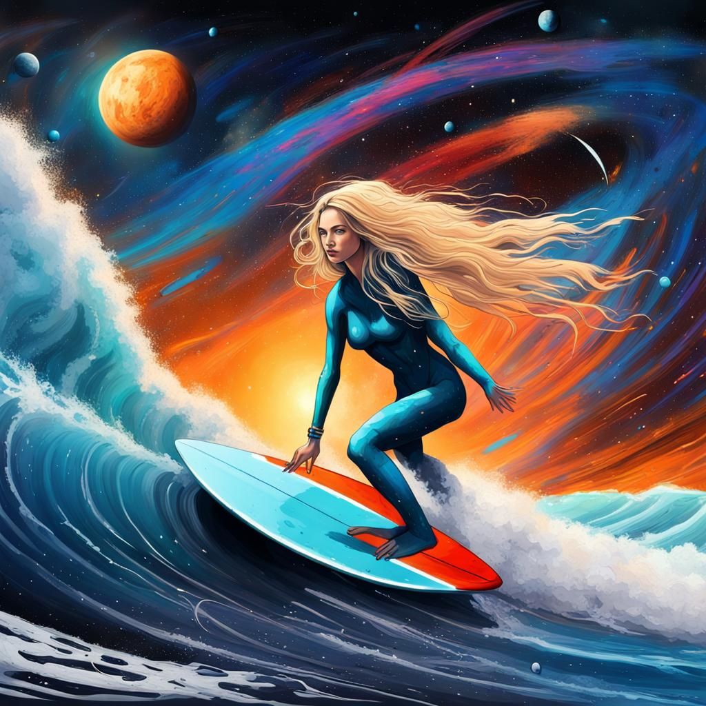 Surfing Girl Rides Cosmic Wave in Graffiti Style