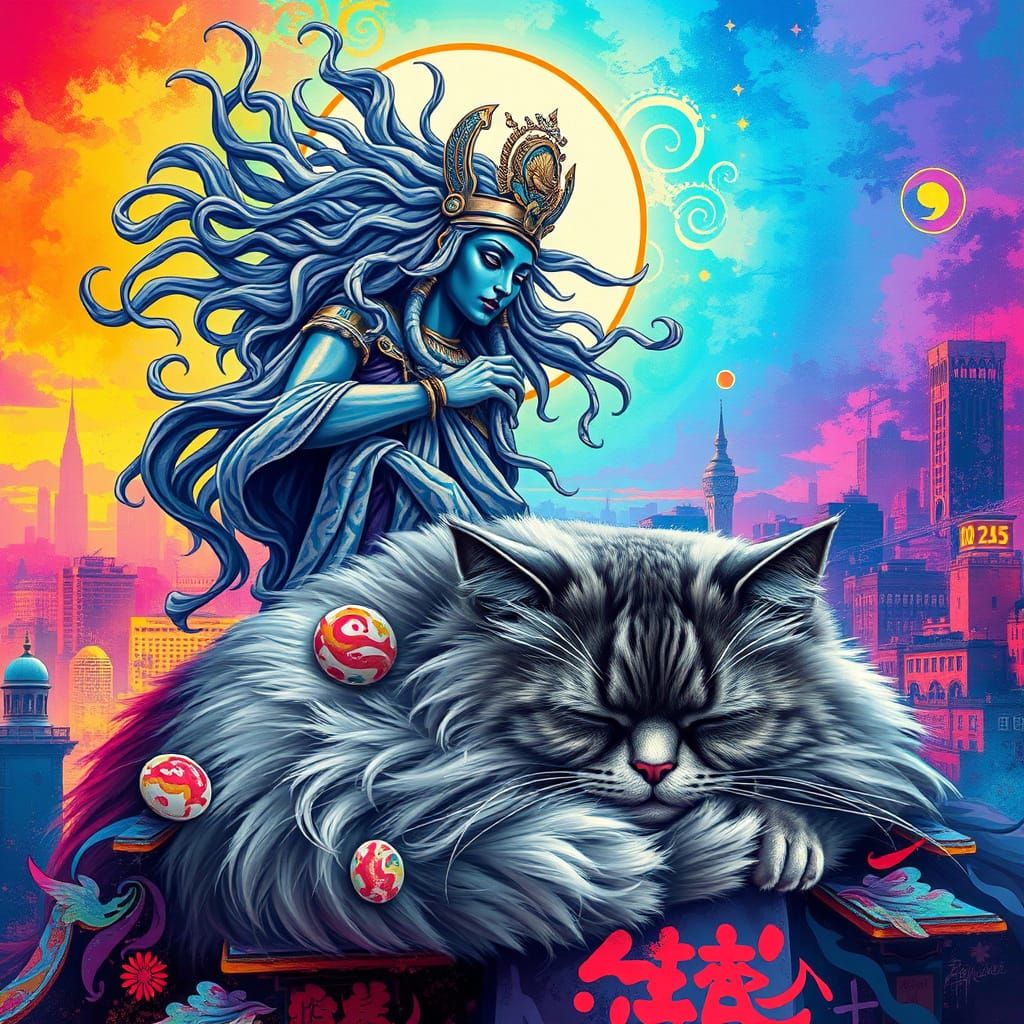 Goddess Bast Hovers Above a Serene Grey Maine Coon Cat in Vi...
