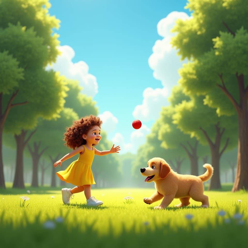 Girl and Dog Play in Sunny 3D Animated Park