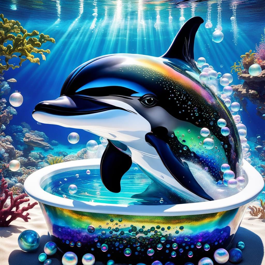Adorable Dolphin in Klimt-Inspired Pearl Bathtub