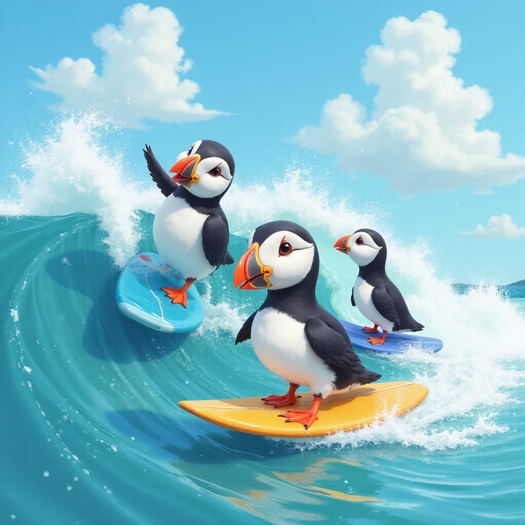 Three Puffins Surfing Aquamarine Waves in Whimsical Style