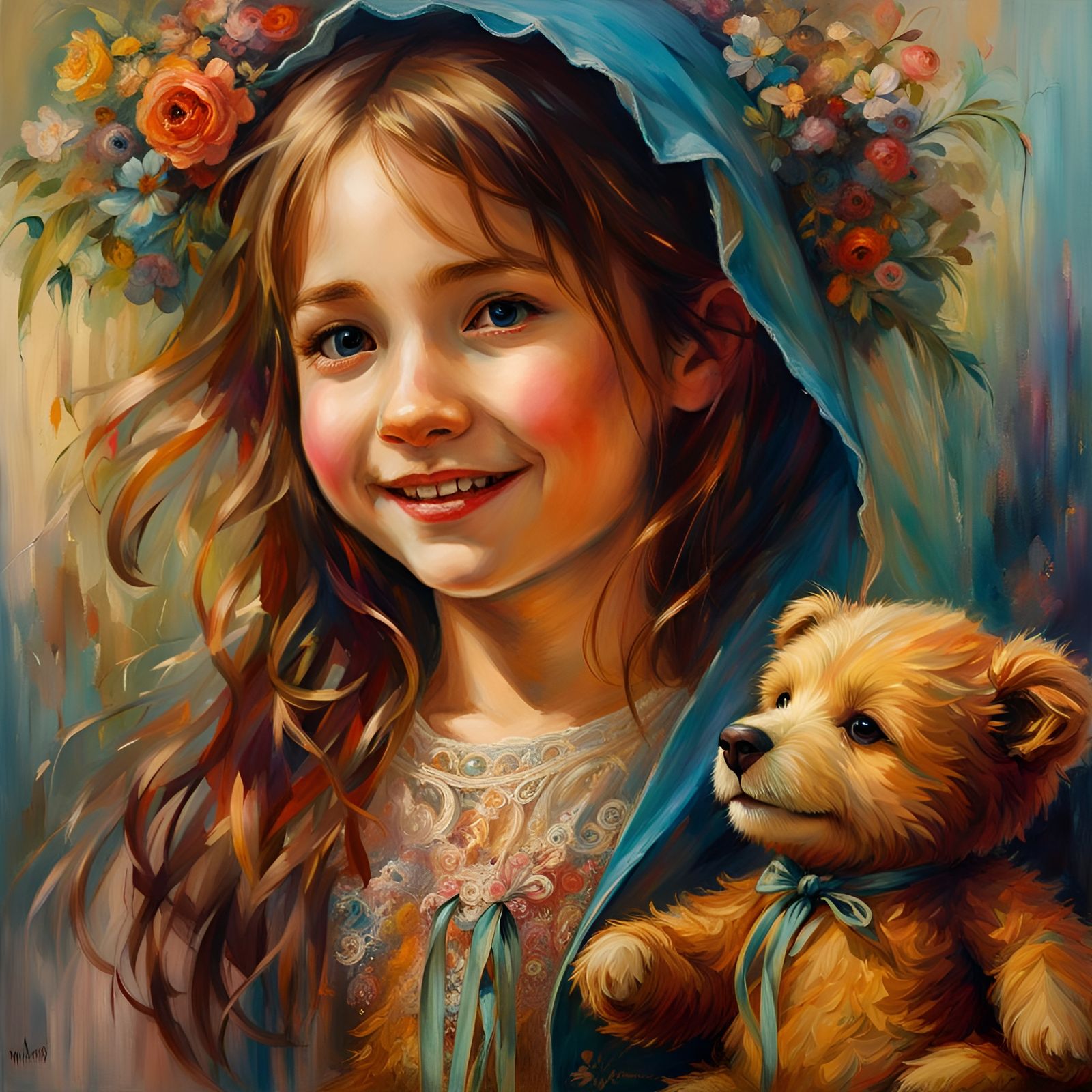 Girl and Teddy Bear: Oil Painting with Warm Colors