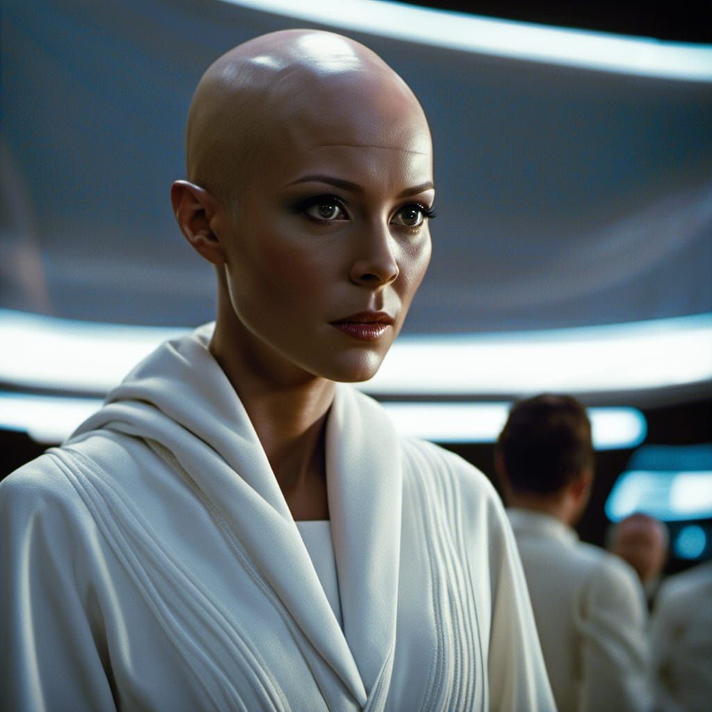 Photorealistic Ilia from Star Trek in White Robe