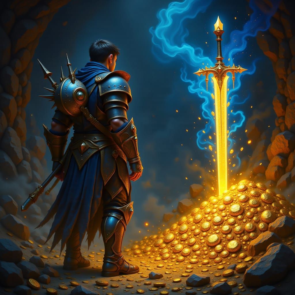 Epic Fantasy Adventurer With Dragon's Hoard