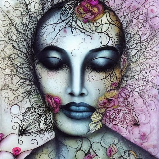 Surreal Woman with Blossoms and Fractal Elements