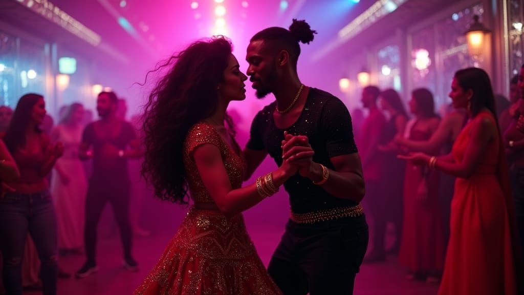 Vibrant Bollywood Wedding Dance in Neon Nightclub