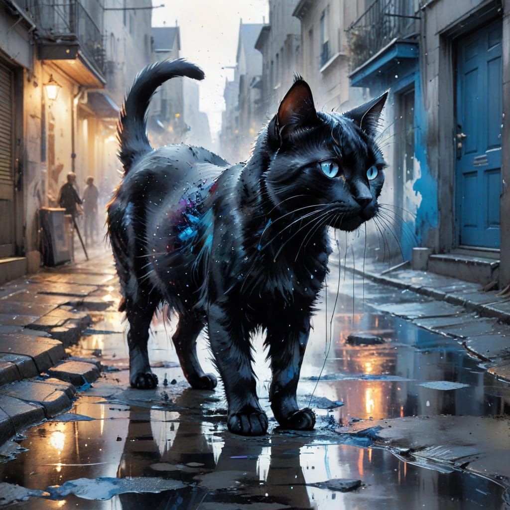 Black Cat in Rainy Alley: Watercolor Ink Wash