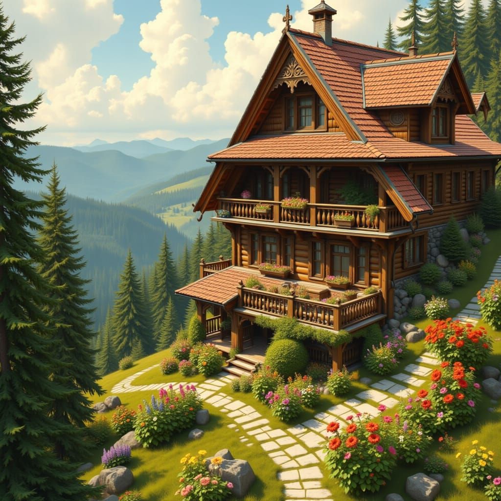 Native American Log Houses in Natural Landscape