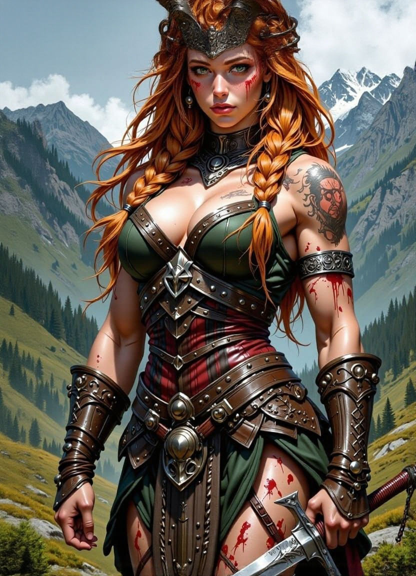Noble Barbarian Woman with Highland Kilt and Dagger