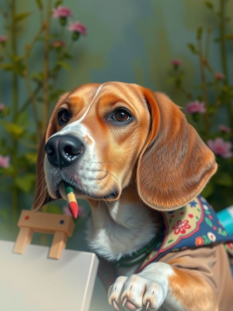 Canine Artist at Work in a Sunlit Studio