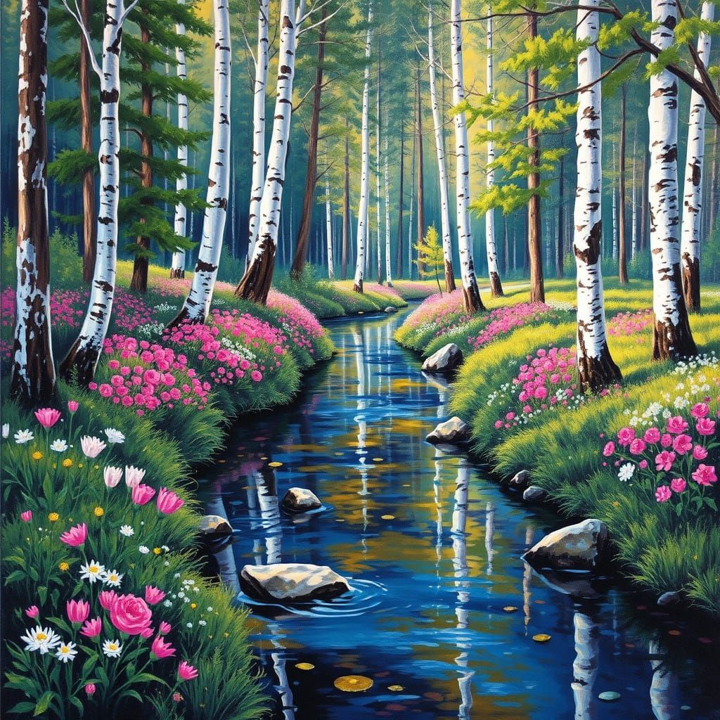 Vibrant Forest Scene with Melting Oil Guache Technique