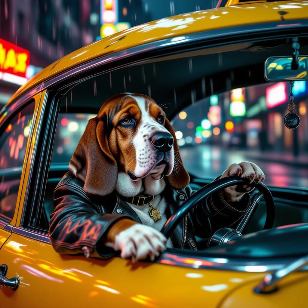 Basset Hound Taxi Driver in Cyberpunk Cityscape