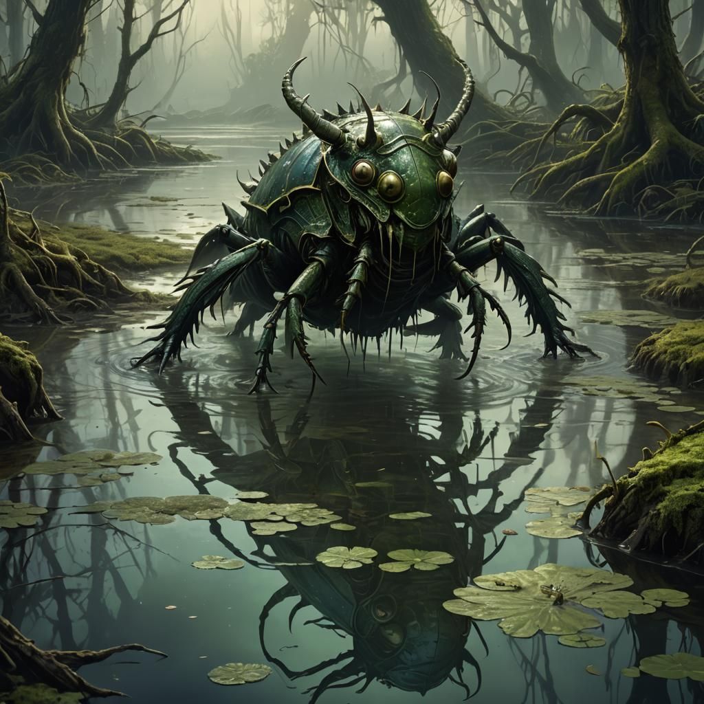 Dragon Beetle Emerges from Murky Swamp