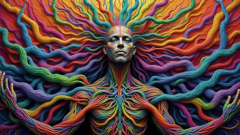 Biomechanical Android Man with Rainbow Moss Impasto