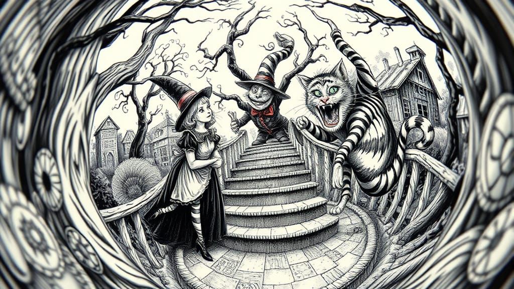 hyperreal fish-eye lens distorted perspective, showing alice in wonderland, mad hatter and Cheshire cat super detailed p...