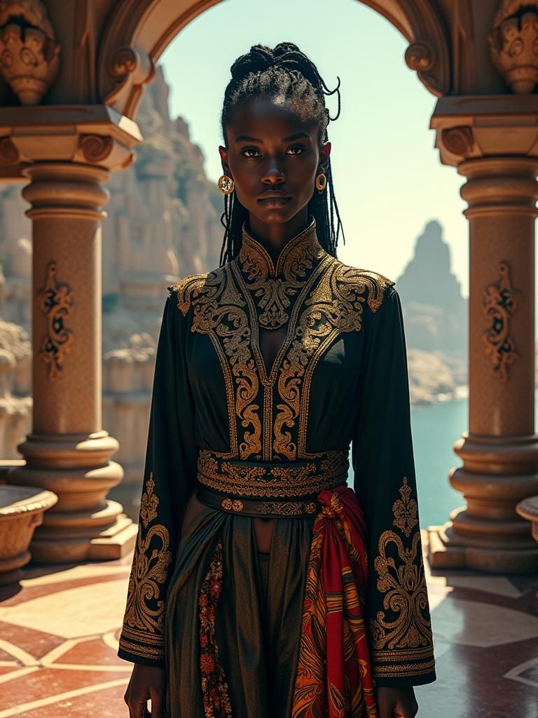 Futuristic Priestess in Opulent Chamber, Art Nouveau Style