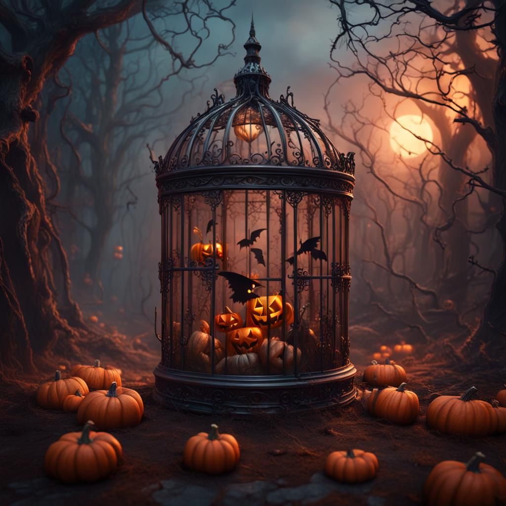 Halloween Elements in Transparent Cage: Fantasy Concept Art