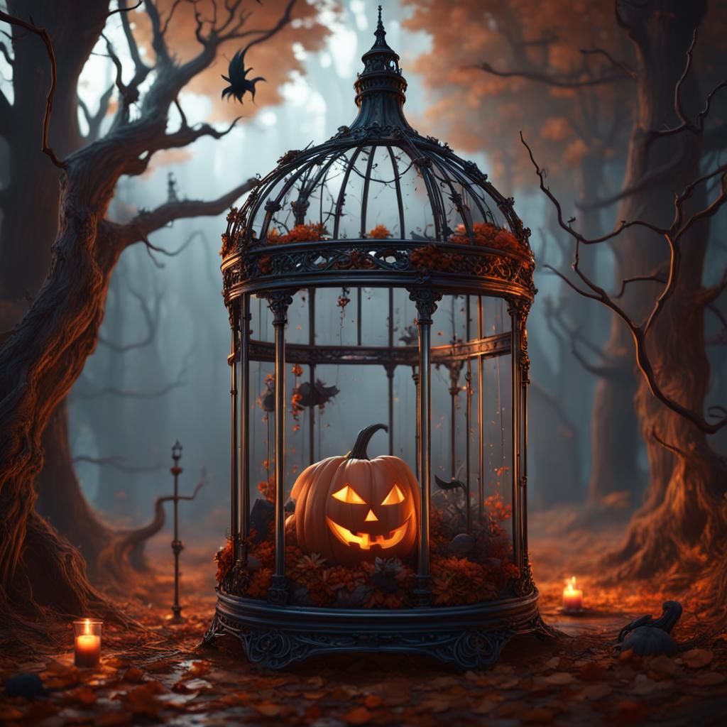 Halloween Elements in a Transparent Cage