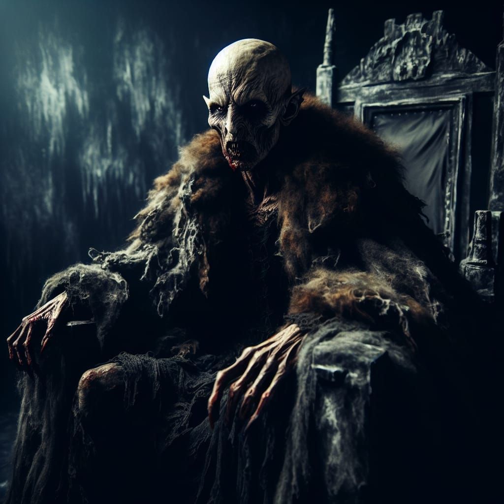 Sinister Gothic Figure Sits in Dark Throne Room