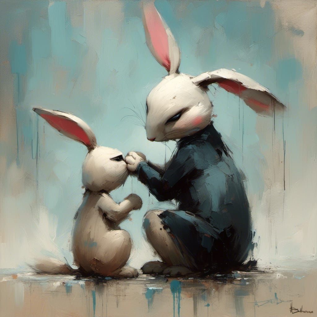 Sad Bunnies Hugging Goodbye: Painterly Whimsical Art